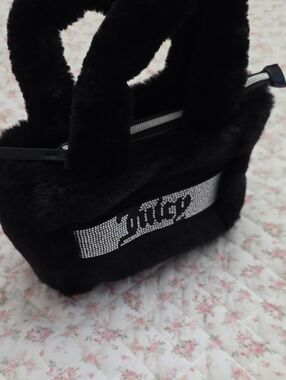 Juicy Couture Black Faux Fur Mini Tote with Crystal Logo Band